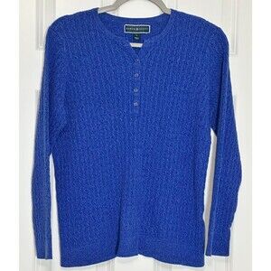 Karen Scott Cable Knit Henley Sweater L Blue 100% Cotton Classic Preppy Normcore